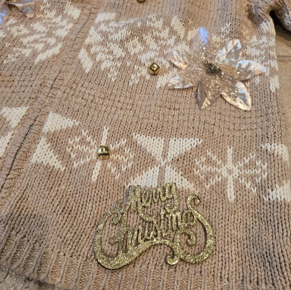Upcycled Christmas Sweater L Gold Fair Isle Cardigan Snowflakes Poinsettias - Picture 3 of 5